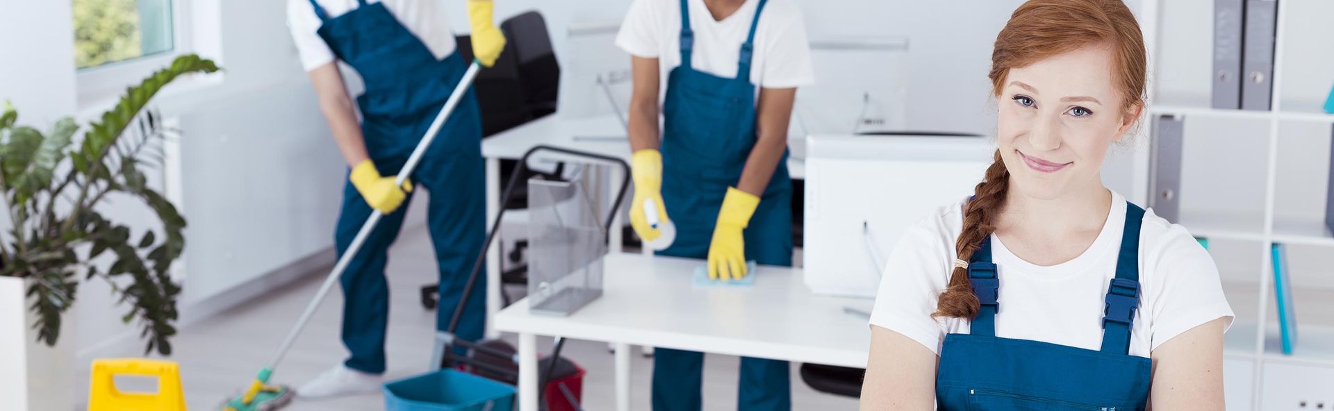 Cleaning crew wiping down an office
